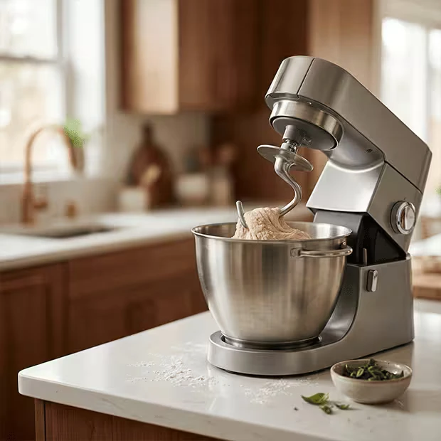 Robot kuchenny zagniata ciasto w metalowej misie na blacie kuchni