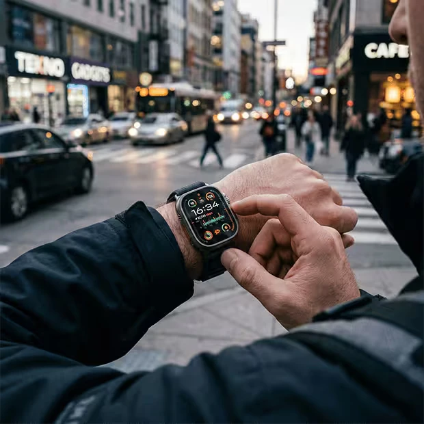 Mężczyzna sprawdza smartwatch na ręku podczas przechodzenia przez miejskie skrzyżowanie