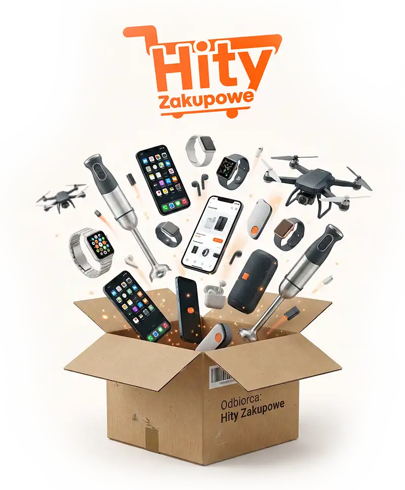 Baner „Hity Zakupowe” z otwartym kartonem, z którego wylatują smartfony, smartwatche, słuchawki, drony i małe AGD – symbol promocji na elektronikę.
