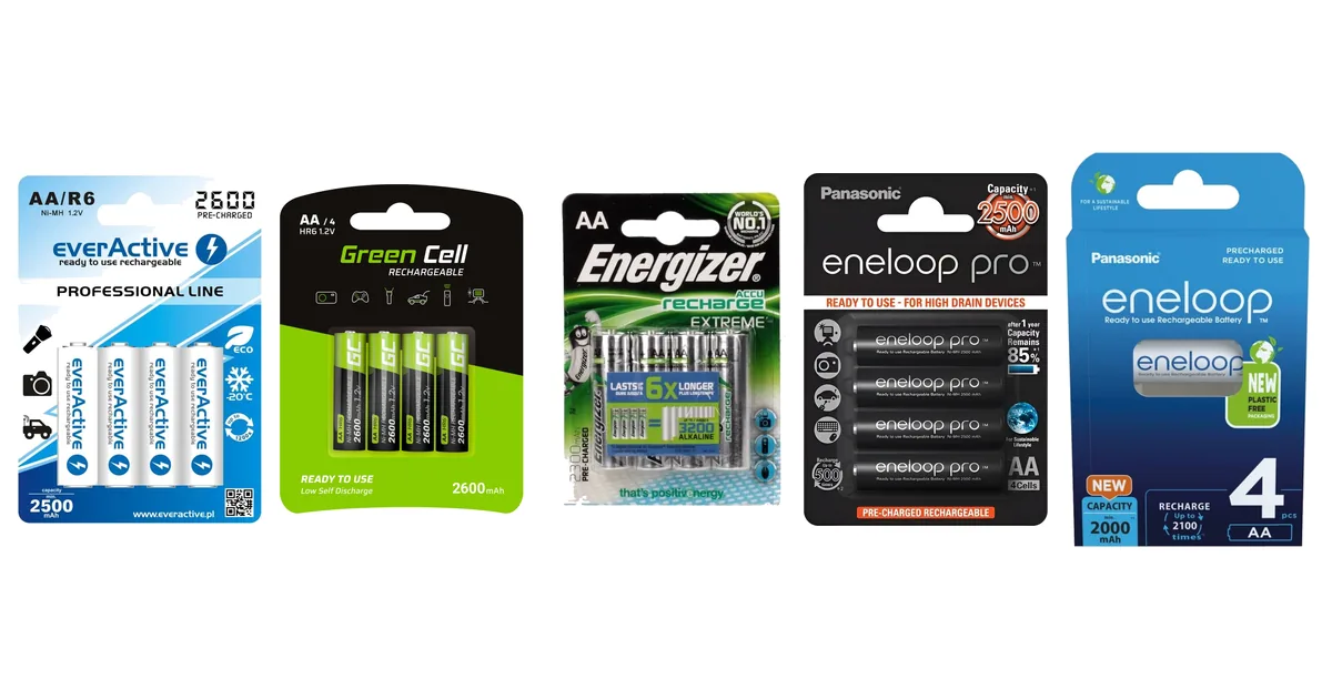 Pięć kompletów akumulatorków AA z rankingu: EverActive 2600 mAh, Green Cell 2600 mAh, Energizer Extreme, Panasonic Eneloop Pro i Panasonic Eneloop