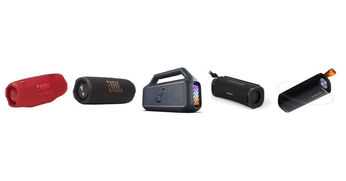 Pięć głośników z rankingu: JBL Charge 6, JBL Flip 7, Soundcore Boom 2, Sony ULT Field 1 i Xiaomi Sound Outdoor