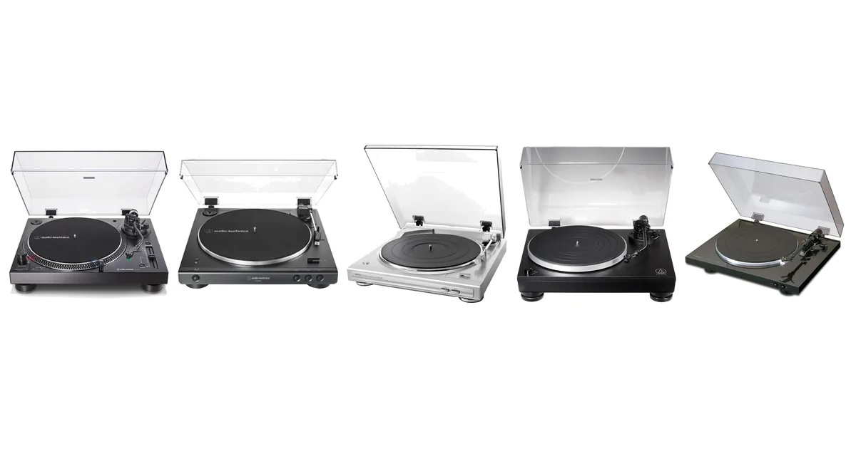 Pięć gramofonów z rankingu: Audio-Technica AT-LP120X-USB, AT-LP60XBT, Denon DP-29F, Audio-Technica AT-LP5X i Denon DP-300F