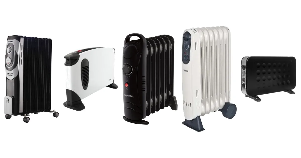 Pięć grzejników z rankingu: Kiano Heater 20, Vesta ECH01, Sencor SOH 2107BK, Vesta EOH01 i Milla Home MCH201K