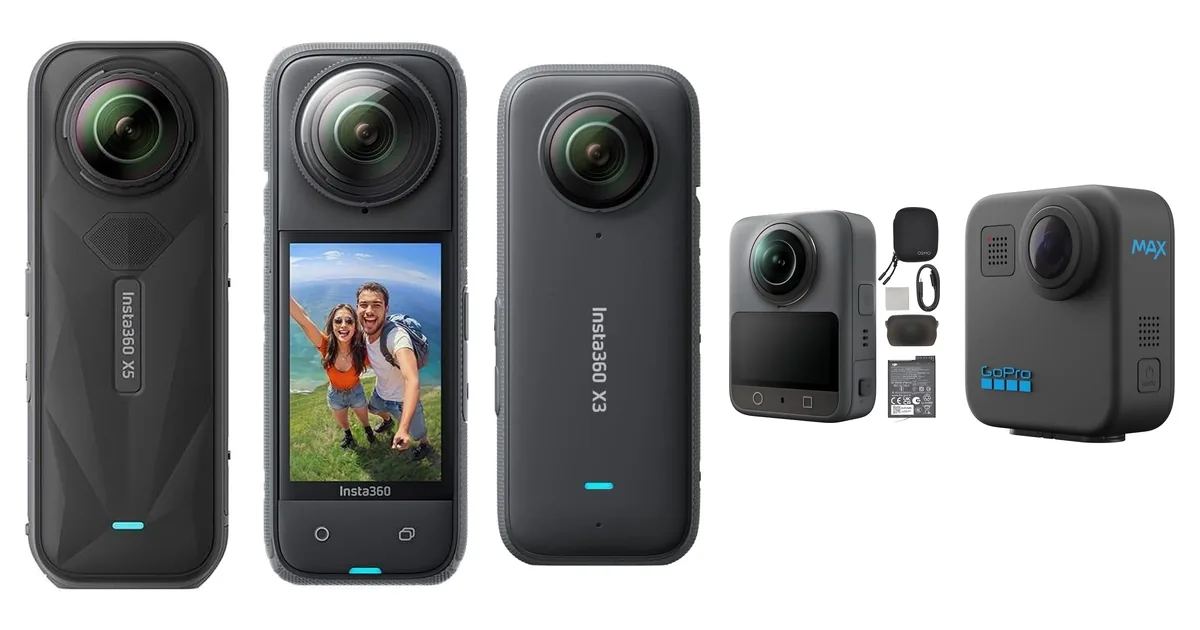 Pięć kamer 360 z rankingu: Insta360 X5, Insta360 X4, Insta360 X3, DJI Osmo 360 z akcesoriami i GoPro MAX