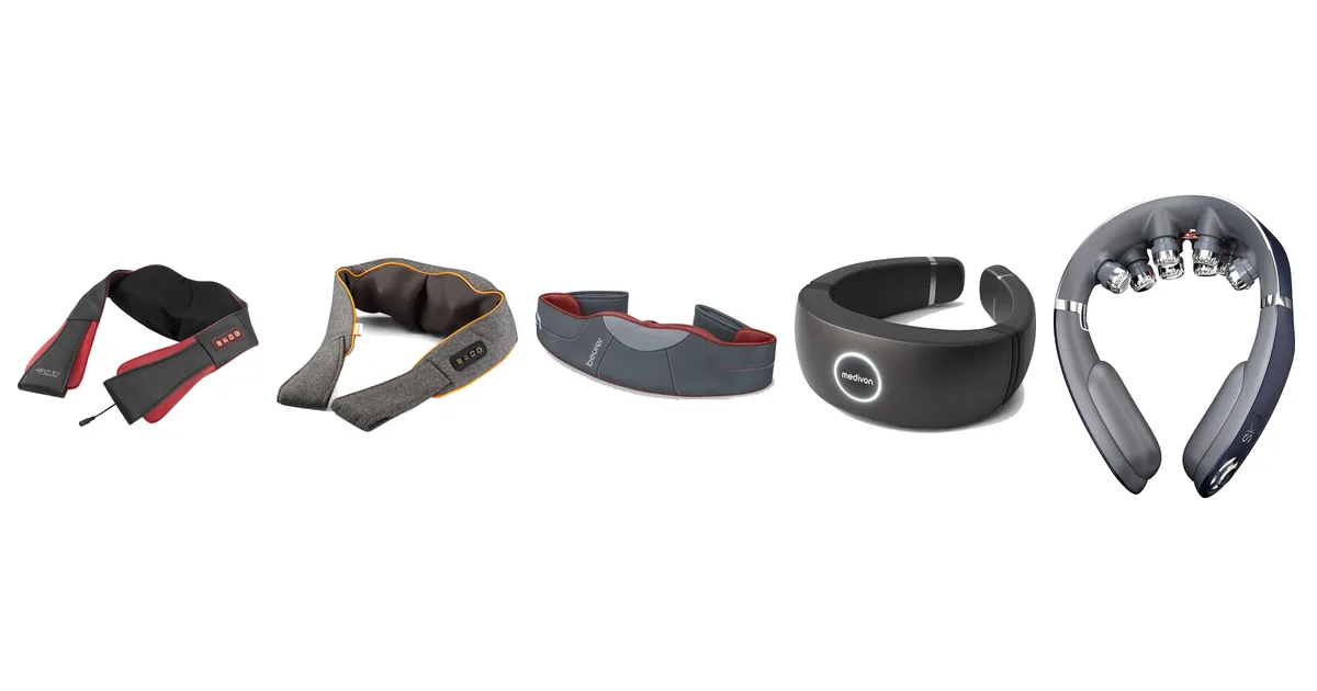Pięć masażerów do karku z rankingu: 4FIZJO Shiatsu PRO+, Medivon Collar Simple, Beurer MG 151, Medivon Smart EMS i SKG G7 Pro Fold