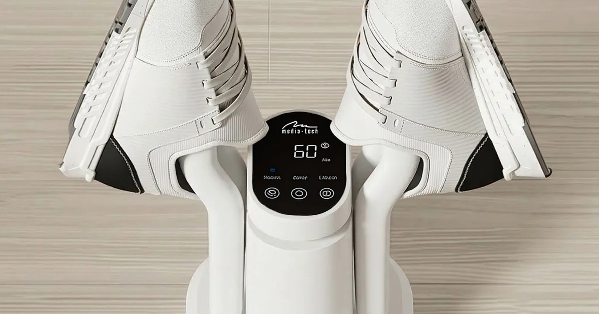 Białe sneakersy nałożone na ramiona stacji Media-Tech MT6539W z wyświetlaczem pokazującym 60 minut
