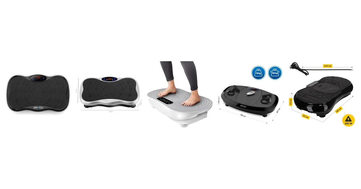 Pięć platform wibracyjnych z rankingu: Gymtek XP500, Beauty Limited VibeX, Merach MR-2533, Gymtek XP750 3D i 4FIZJO Pro+
