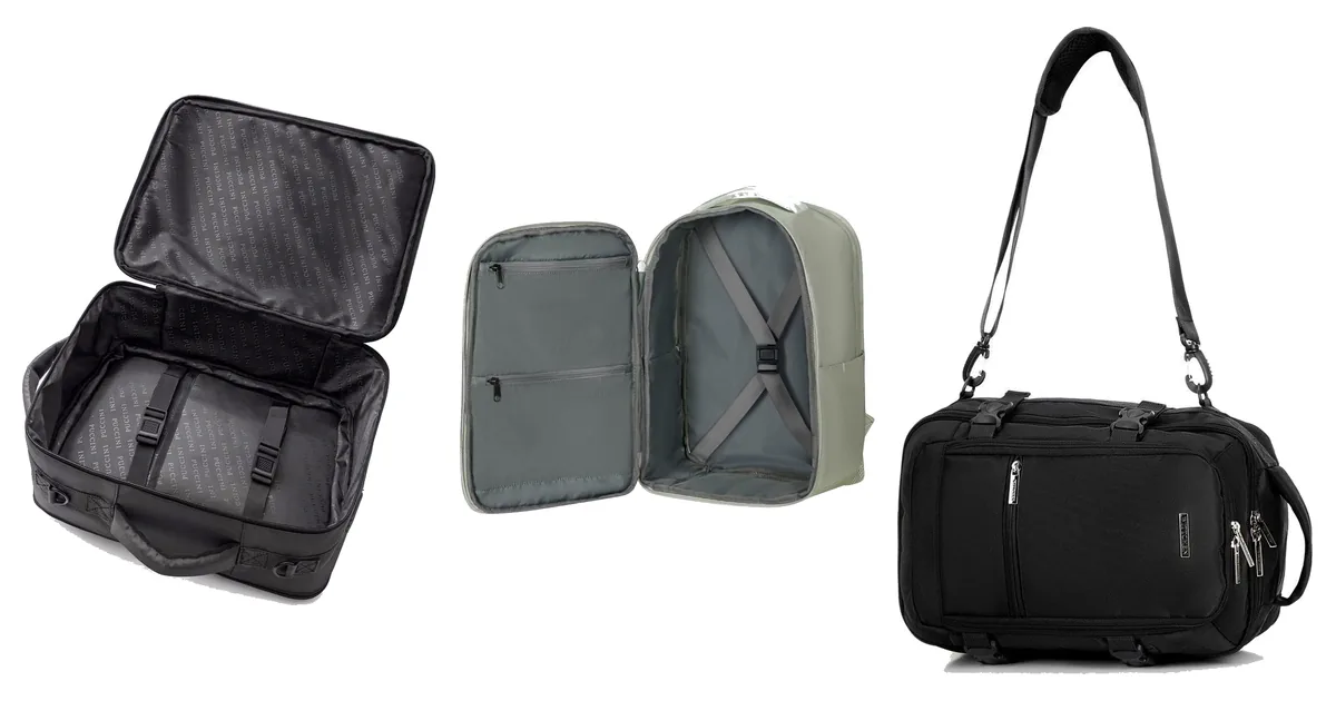 Otwarty plecak Puccini PM90172 z pasami spinającymi, rozłożone wnętrze plecaka Samsonite Guardit Classy 2.0 XS i plecak Wittchen 2w1 noszony jako torba na ramię
