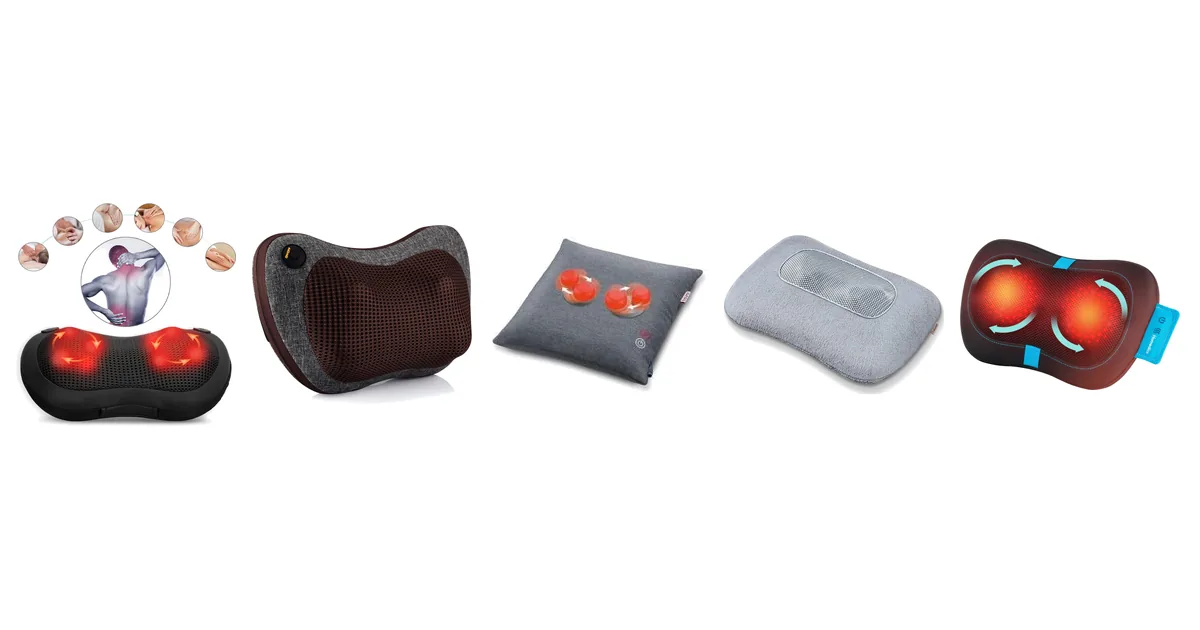 Pięć poduszek masujących z rankingu: Malatec PRO-Comfy, Medivon Travel, Beurer MG 135, Beurer MG 145 i Homedics SP-50H