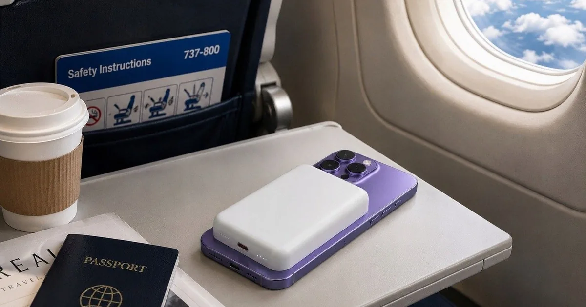 Biały powerbank magnetyczny przyczepiony do fioletowego iPhone’a na stoliku w samolocie, obok kawy i paszportu