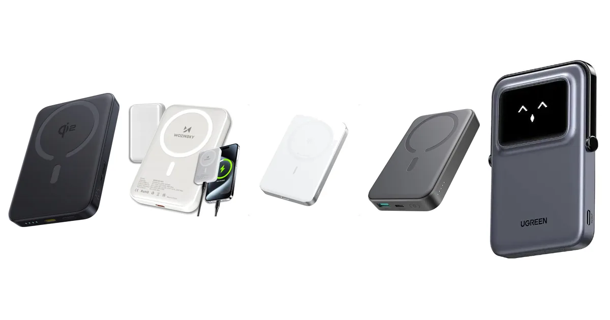 Pięć powerbanków MagSafe z rankingu: Baseus EnerFill FM12, Wozinsky WRW349YWS, Anker MagGo Slim, Joyroom JR-W020 i UGREEN Uno PB571