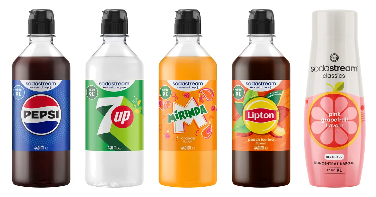Pięć syropów do SodaStream 440 ml: Pepsi, 7UP, Mirinda, Lipton Ice Tea Peach w nowych butelkach i Różowy Grejpfrut Zero